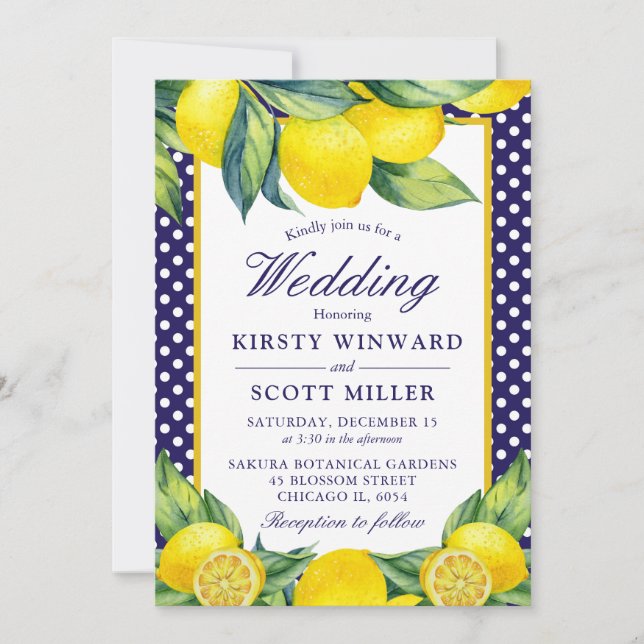 Watercolor Lemon Floral Blue Polka Dot Invitation (Front)