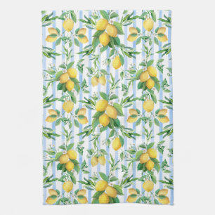 Watercolor Lemon Floral Blue White Stripe Cottage Kitchen Towel