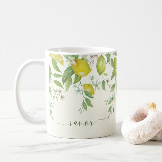 Watercolor Lemon Floral Savor Mug (Avec donut)