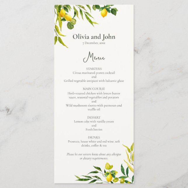 Watercolor Lemon Foliage Elegant Citrus Wedding Menu (Front)
