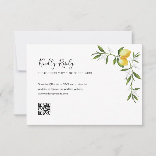 watercolor lemon foliage QR Code RSVP card (Front)
