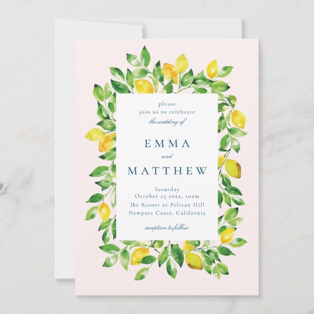Watercolor Lemon Frame in Beige Background Invitation (Front)