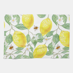Watercolor Lemon Fruit, Lemon Blossom and Bees Kitchen Towel