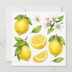 Watercolor Lemon Fruit, Lemon Leaves and Blossom Card