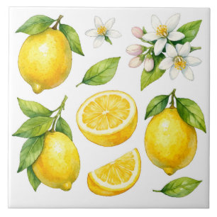 Watercolor Lemon Fruit, Lemon Leaves and Blossom  Tile