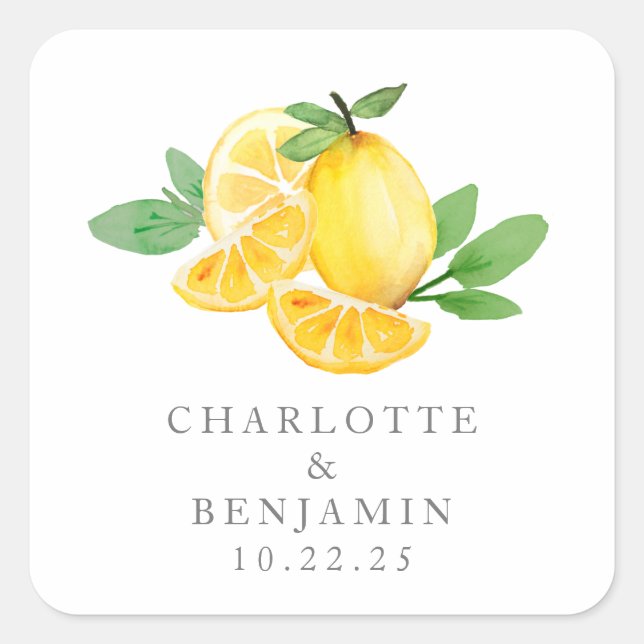 Watercolor Lemon Fruit Personalized Wedding  Square Sticker (Front)