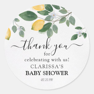 Watercolor Lemon & Greenery Baby Shower Thank You Classic Round Sticker