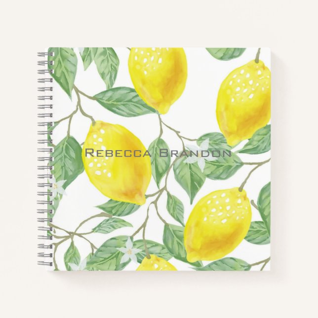 Watercolor Lemon Greenery Leaves Personalised Notebook (Front)