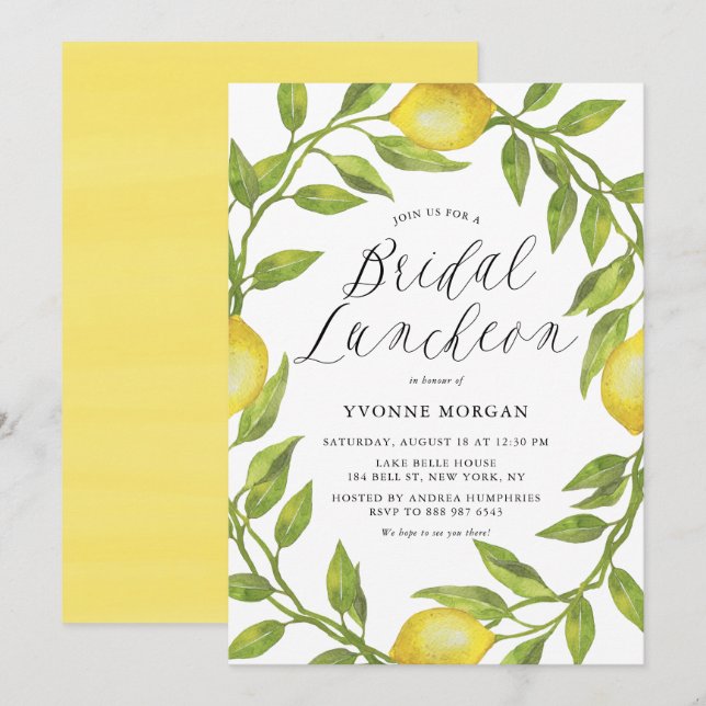Watercolor Lemon Greenery Wreath Bridal Luncheon Invitation (Front/Back)