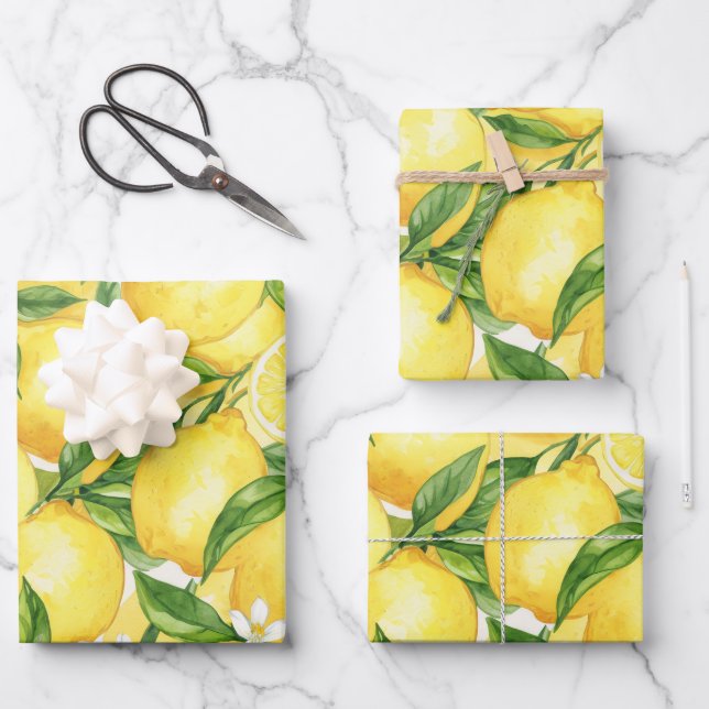 Watercolor Lemon Grove Seamless Pattern Wrapping Paper Sheet (Front)
