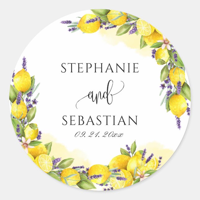 Watercolor Lemon Lavender Boho  Classic Round Sticker (Front)