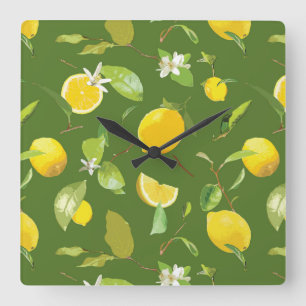 Watercolor Lemon & Leaves 5 Square Wall Clock