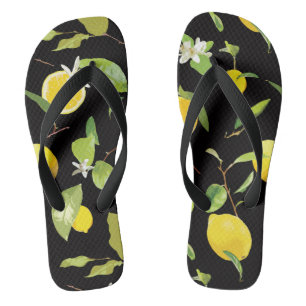 Watercolor Lemon & Leaves Flip Flops