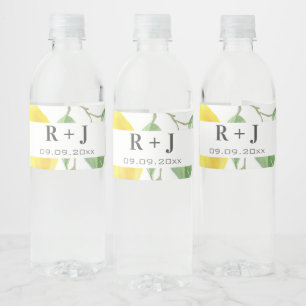 Watercolor Lemon Leaves Monogram Water Bottle Label