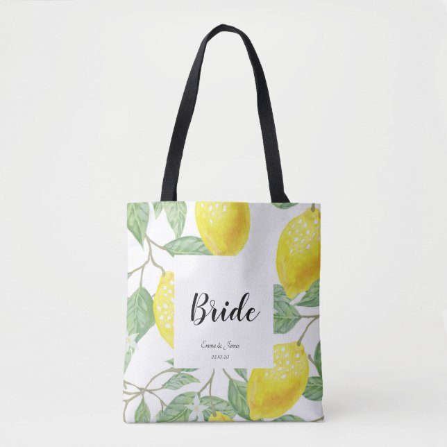 Watercolor Lemon Leaves Yellow White Wedding Tote Bag (Front)