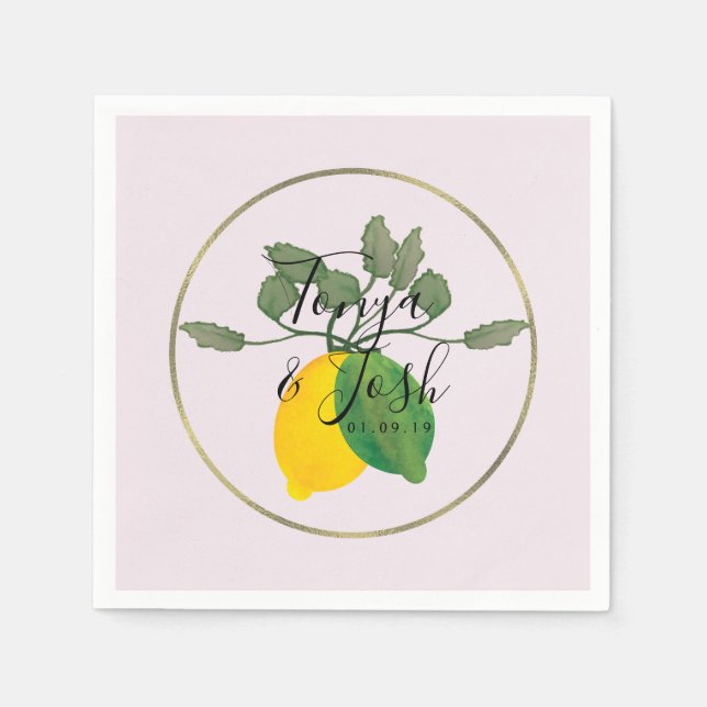 Watercolor Lemon Lime Limoncillo Faux Gold Wedding Napkin (Front)