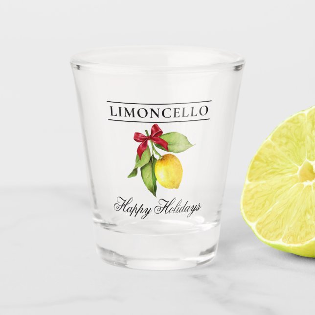 Watercolor Lemon Limoncello Happy Holidays Shot Glass (Front)