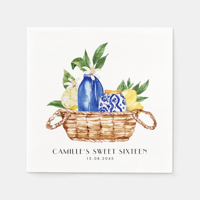 Watercolor Lemon Mediterranean Basket Sweet 16 Napkin (Front)