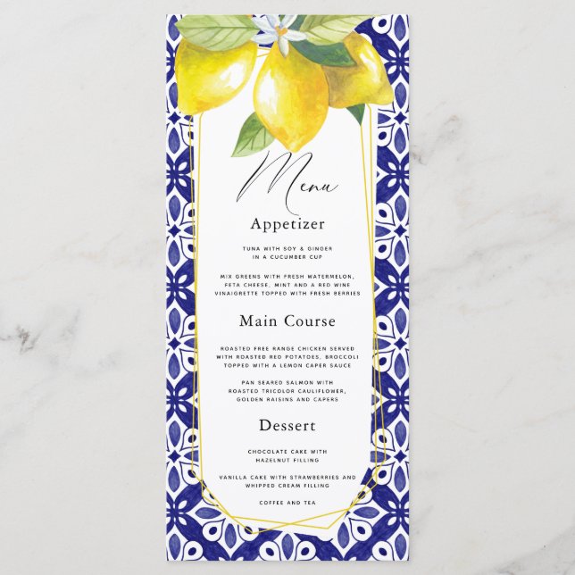 Watercolor Lemon Mediterranean Blue Tile Menu (Front)