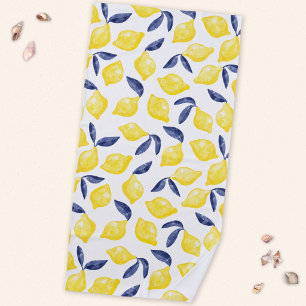 Watercolor Lemon Mediterranean Citrus Beach Towel