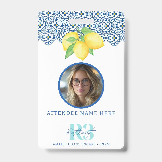 Watercolor Lemon Mediterranean Tile Photo ID Logo Badge (Front)