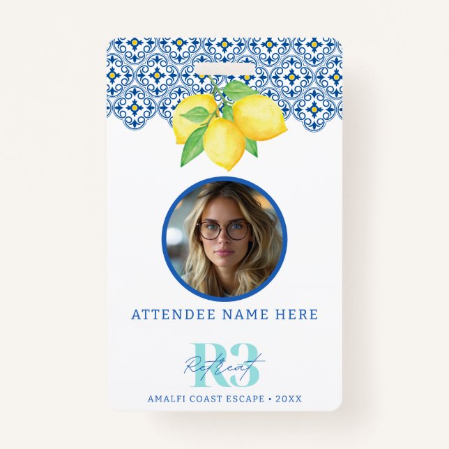 Watercolor Lemon Mediterranean Tile Photo ID Logo Badge (Front)
