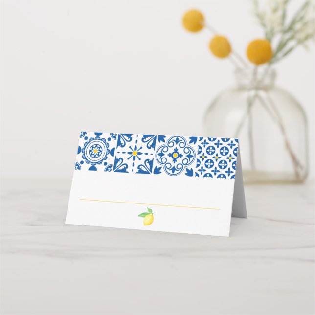  Watercolor Lemon Mediterranean Tile Wedding Place Card (Front)