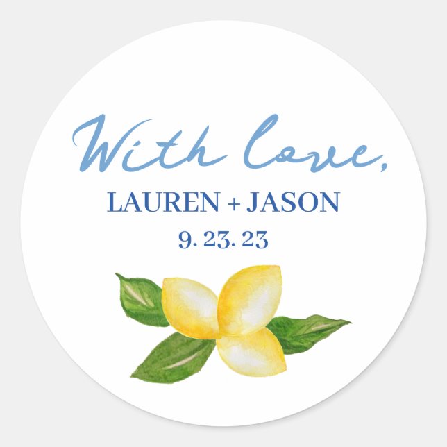 Watercolor Lemon Mediterranean Wedding Favour Classic Round Sticker (Front)