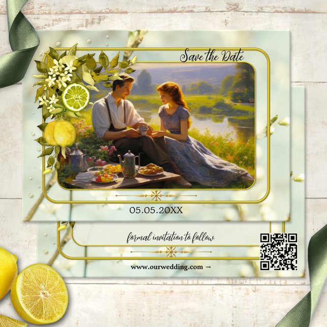 Watercolor Lemon Orchard Photo Save the Date Card (Save the Date card featuring your photo framed by a watercolor citrus branch with leaves and flowers)