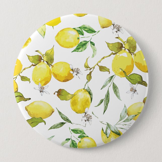 Watercolor Lemon Pattern 4 Inch Round Button (Front)
