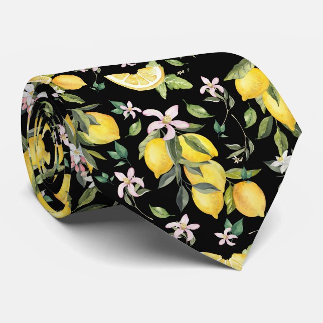 Watercolor Lemon Pattern Black Fruit Tie (Rolled)