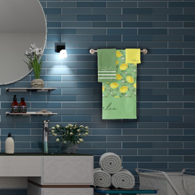 Watercolor lemon pattern green name  bath towel set (Creator Uploaded)