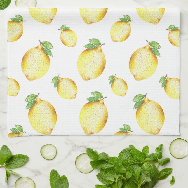 Watercolor Lemon Pattern Kitchen Towel (Folded)