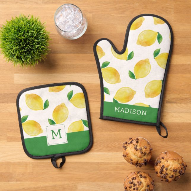 Watercolor Lemon Pattern Oven Mitt & Pot Holder Set (Top Down)