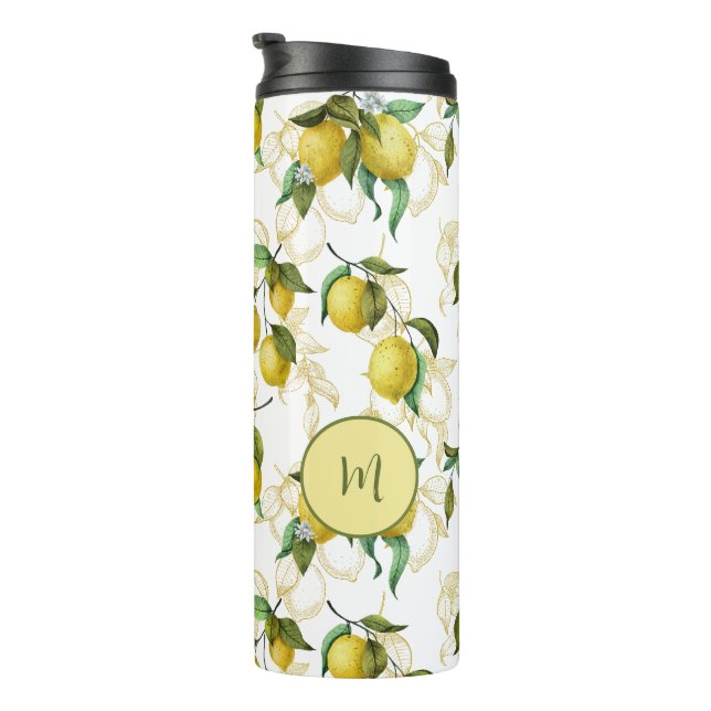 Watercolor Lemon Pattern Personalized Initial  Thermal Tumbler (Rotated Right)