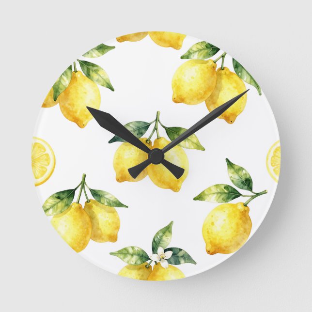 Watercolor Lemon Pattern Round Clock (Front)