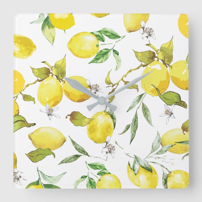Watercolor Lemon Pattern Square Wall Clock (Front)