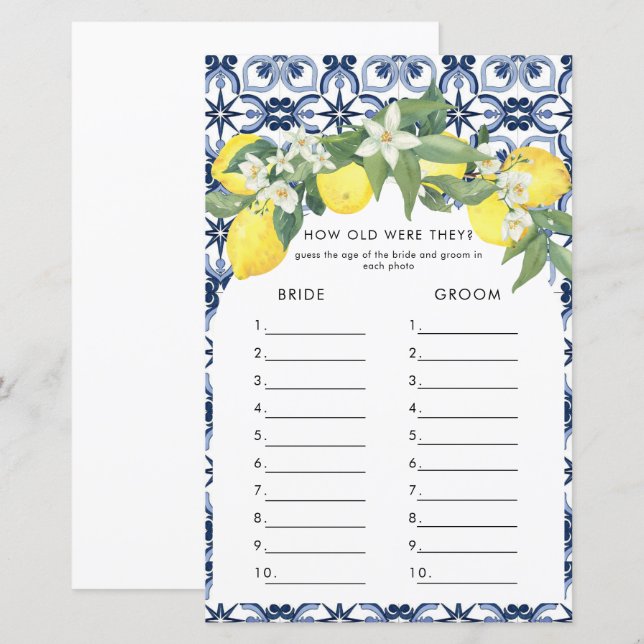 Watercolor Lemon Positano Bridal Shower Games (Front/Back)