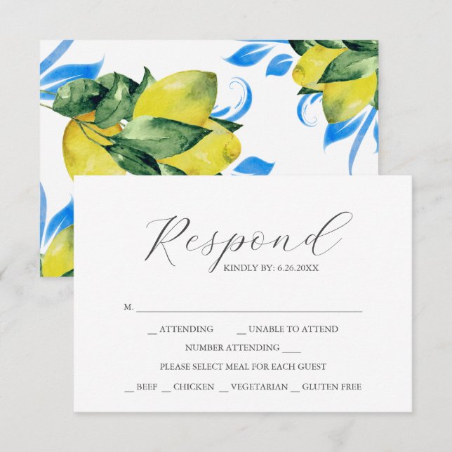 Watercolor Lemon RSVP Cards with Meal Choice (Front/Back)