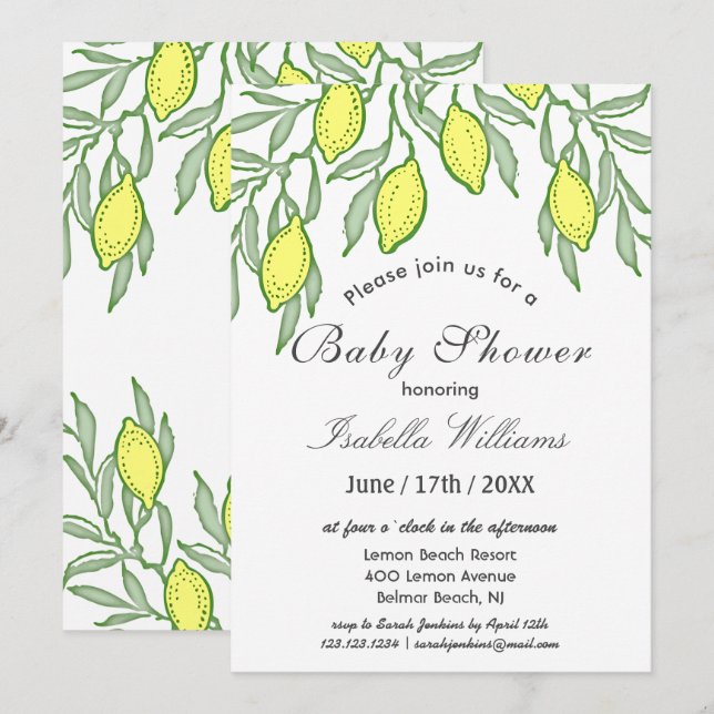 Watercolor Lemon Summer Baby Shower Invitation (Front/Back)