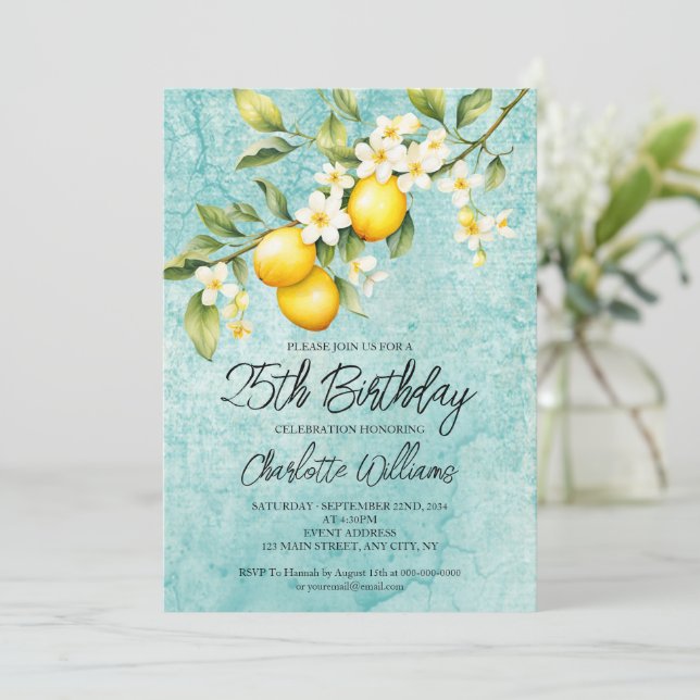 Watercolor Lemon Themed 25th Birthday Invitation (Standing Front)