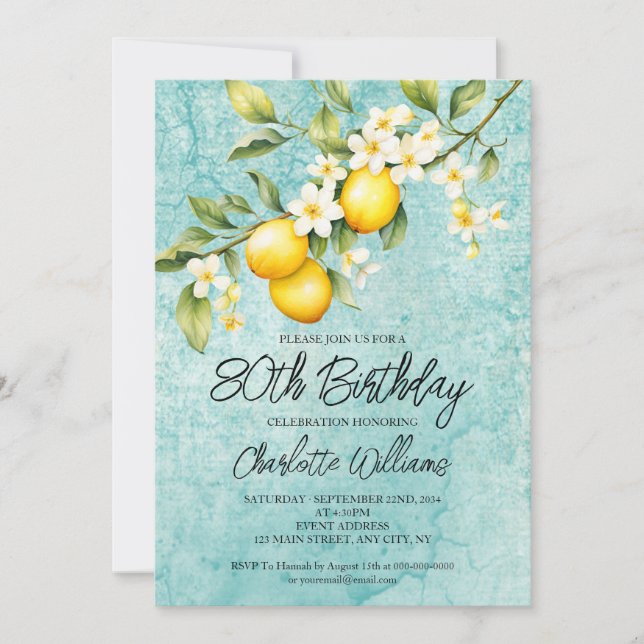 Watercolor Lemon Themed 80th Birthday Invitation (Front)