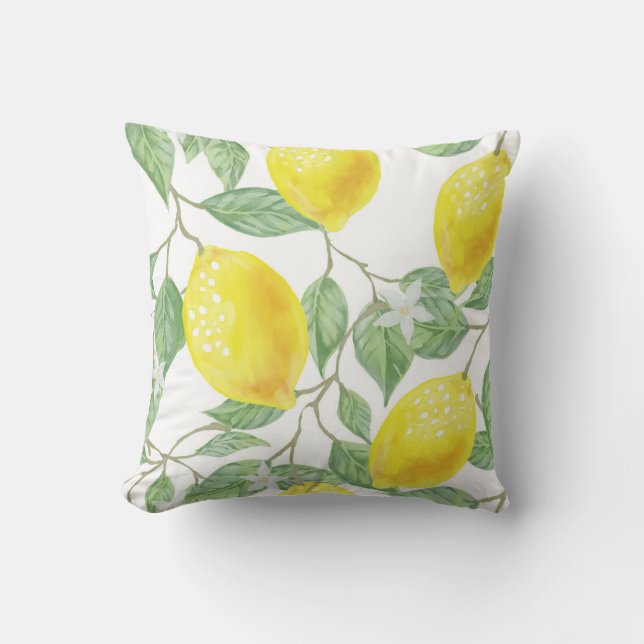 Watercolor Lemon Tree And Leaves Pattern Throw Pillow (Front)