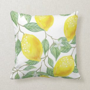Watercolor Lemon Tree And Leaves Pattern Throw Pillow