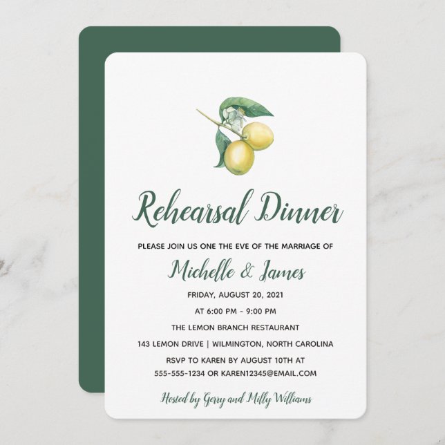 Watercolor Lemon Tree Branch | Rehearsal Dinner Invitation (Front/Back)