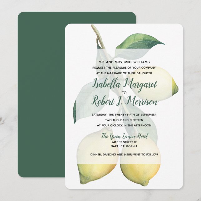 Watercolor Lemon Tree Branch | Wedding invitation (Front/Back)