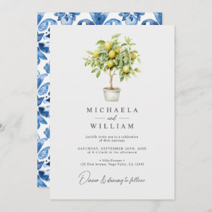 Watercolor Lemon Tree & Mediterranean Tile Wedding Invitation