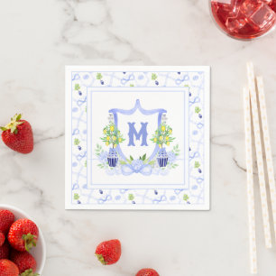 Watercolor Lemon Tree Monogram Crest Napkin