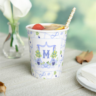 Watercolor Lemon Tree Monogram Crest Paper Cups