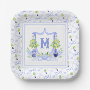 Watercolor Lemon Tree Monogram Crest Paper Plate